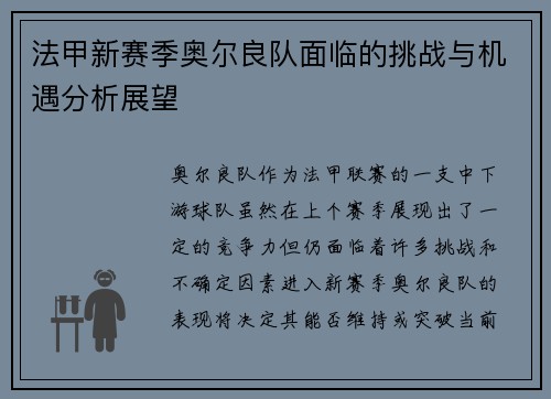 法甲新赛季奥尔良队面临的挑战与机遇分析展望