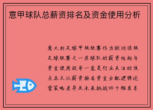 意甲球队总薪资排名及资金使用分析