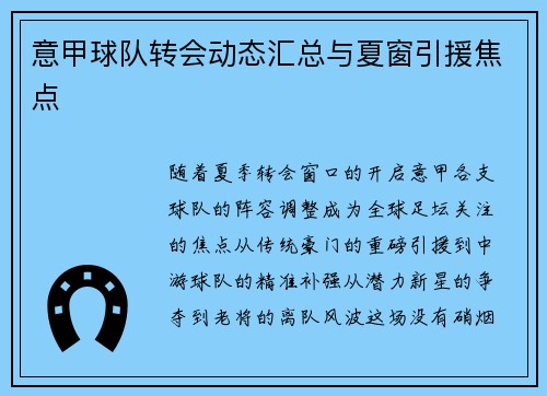 意甲球队转会动态汇总与夏窗引援焦点